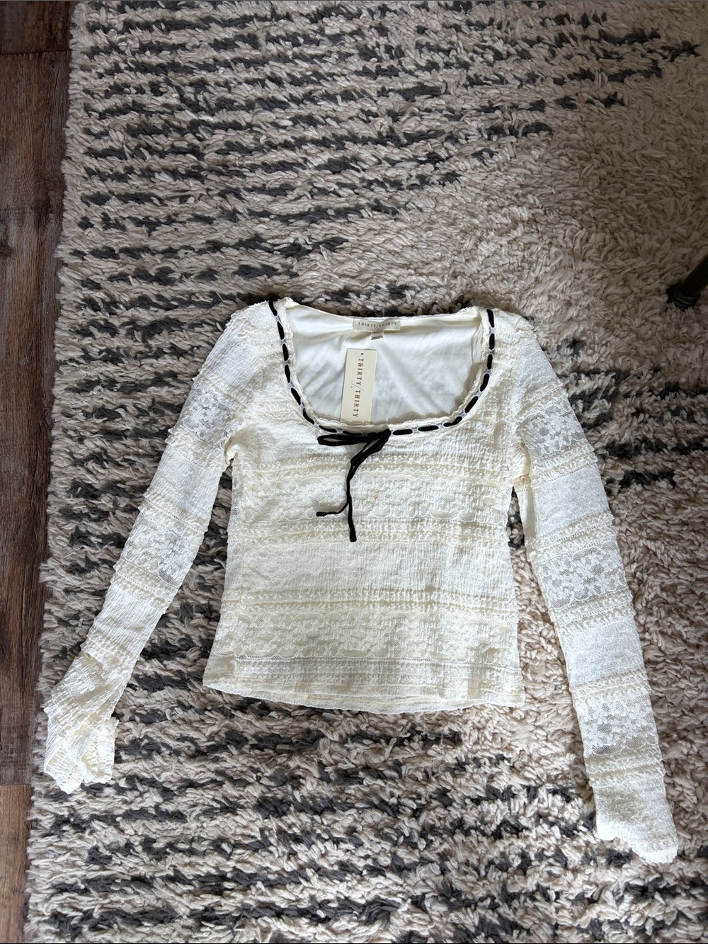 Cream Lace Long-Sleeve Scoop Neck Top with Black Tie